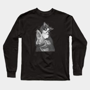 Graceful Black and White Cat with a Catch - Pencil Drawing Art Print Long Sleeve T-Shirt